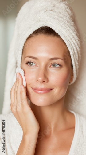 Woman applying skincare in bathroom after shower