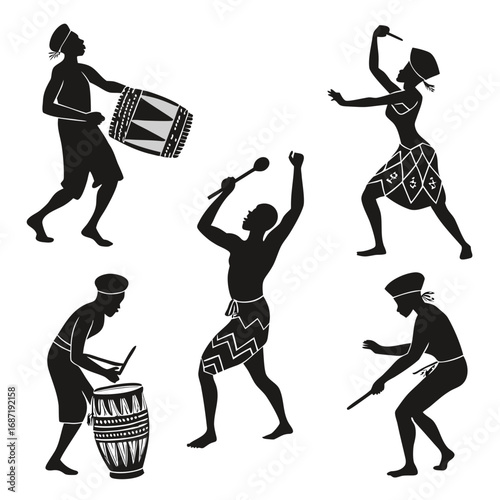 Silhouettes of african tribal people engaged in drumming and dancing celebrating cultural heritage and traditional music with rhythmic movement and energetic performance