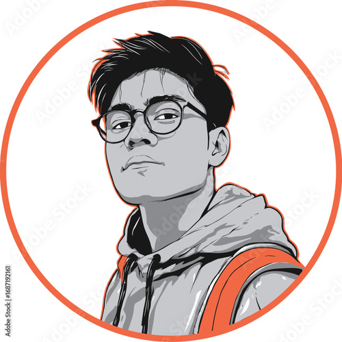A young man wearing a hoodie and glasses is posing confidently with a backpack. He stands out with a stylish appearance in a circular graphic. The design emphasizes his character and individuality.
