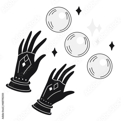 Mystical black gloved hands reaching towards glowing orbs and sparkling stars symbolizing magic fortune telling and the occult arts in a stylized illustration