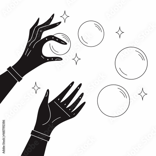 Mystical black hands reaching out to catch or manipulate glowing magical orbs and sparkling stars against a clean white background symbolizing fortune telling and cosmic energy