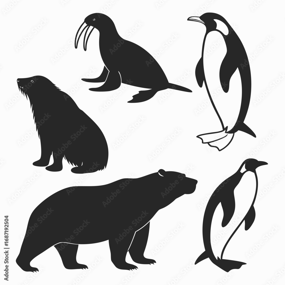 Naklejka premium A collection of black silhouette illustrations of arctic and antarctic animals including a polar bear a walrus a seal and two penguins on a white background