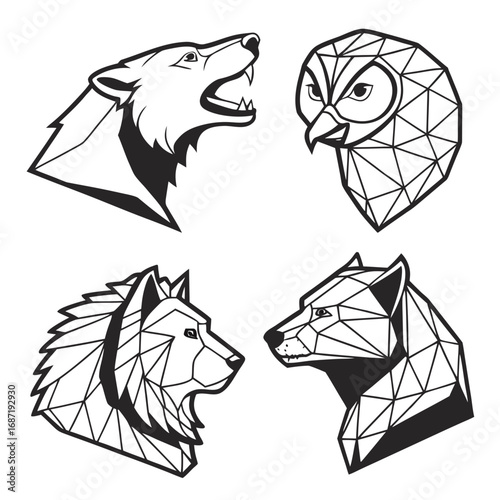 Geometric animal heads including a snarling wolf a wise owl and two profile views of wolves or foxes rendered in a modern minimalist black and white line art style
