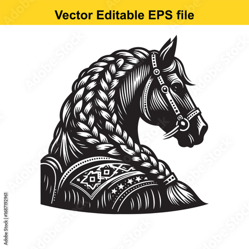 Stylized illustration of a horse head with a braided mane, isolated on white background
