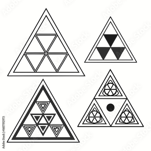 A collection of four stylized geometric triangular symbols each with unique internal patterns and divisions presented in a clean minimalist black and white outline design on a white background