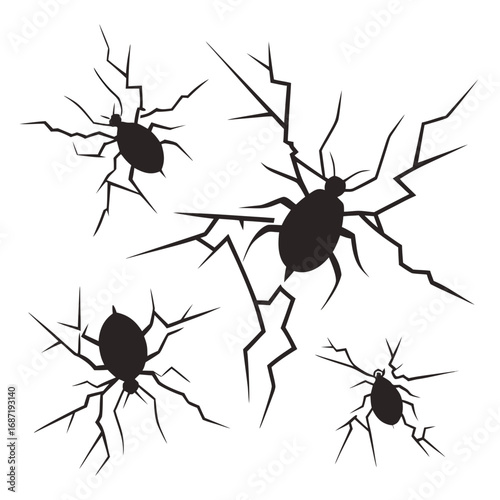 A quartet of black spider silhouettes emerging from sharp jagged cracks in a white background creating a spooky and unsettling halloween or horror theme