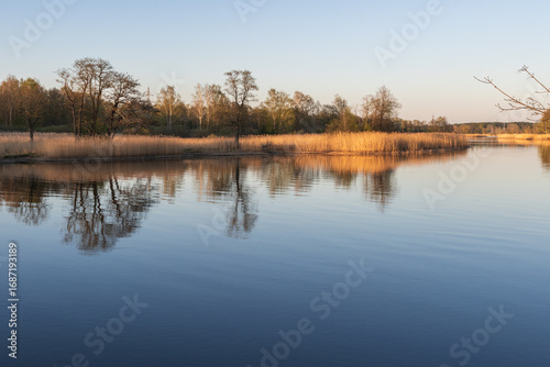 A scenic spring landscape showing dry golden reeds and trees reflecting in calm river water under a soft pastel evening sky at sunset.