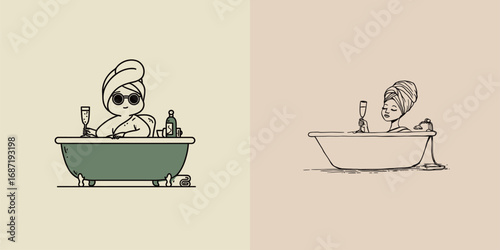 A person lounges in a bathtub, wearing sunglasses and a towel. They enjoy a drink while relaxing in a serene setting. The ambiance suggests a moment of self-care and leisure.