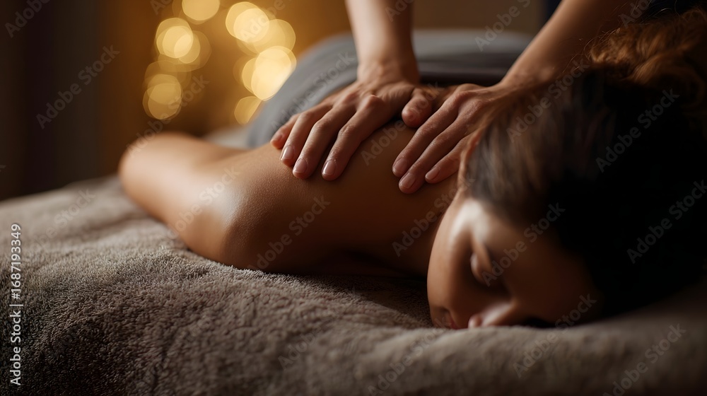 Fototapeta premium Close up of hands performing a relaxing back massage in a softly lit spa environment