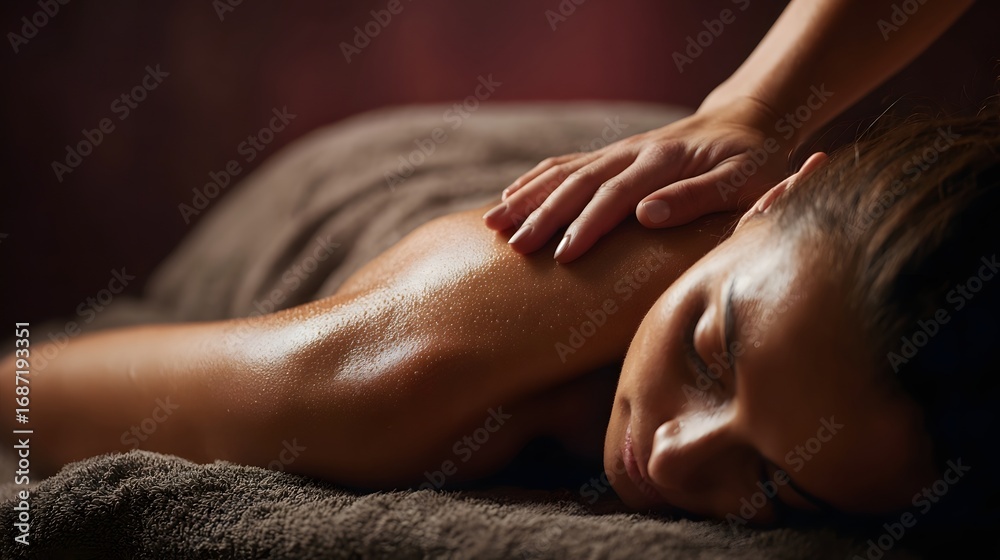 Fototapeta premium A person s back and shoulder being gently massaged by skilled hands in a serene warm lit spa setting