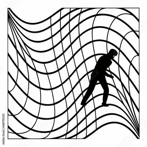 Silhouette of a person navigating a distorted grid pattern representing challenges and complex environments symbolizing struggle and perseverance through abstract obstacles