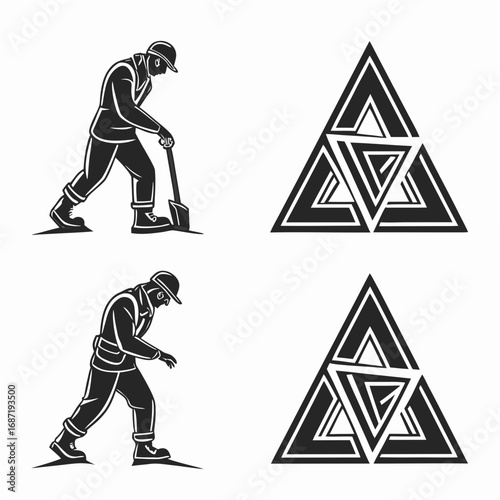 Silhouette of a construction worker digging with a shovel and a stylized geometric triangular symbol representing construction or engineering concepts in a clean modern graphic style