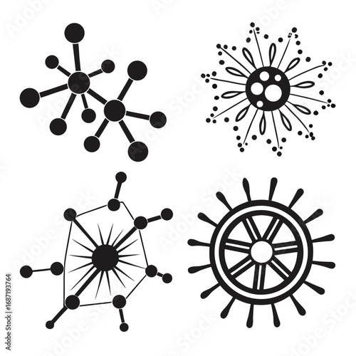 A collection of four stylized black and white graphic icons representing abstract molecular structures a starburst pattern and a ship s wheel perfect for scientific or nautical themes