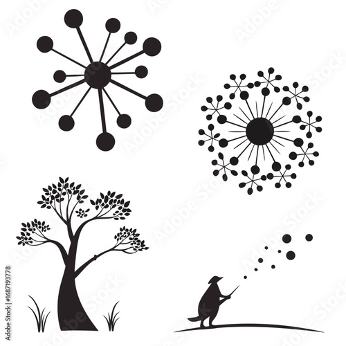 A collection of four black silhouette graphic elements including a starburst pattern a dandelion seed head a stylized tree with grass and a playful dog blowing bubbles on a white background
