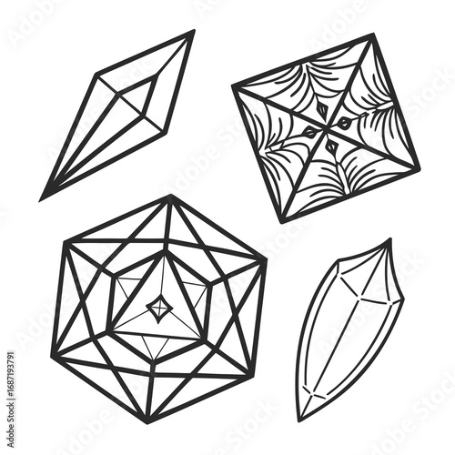 A collection of four geometric and crystalline shapes drawn with thick black outlines on a white background representing abstract forms and natural elements