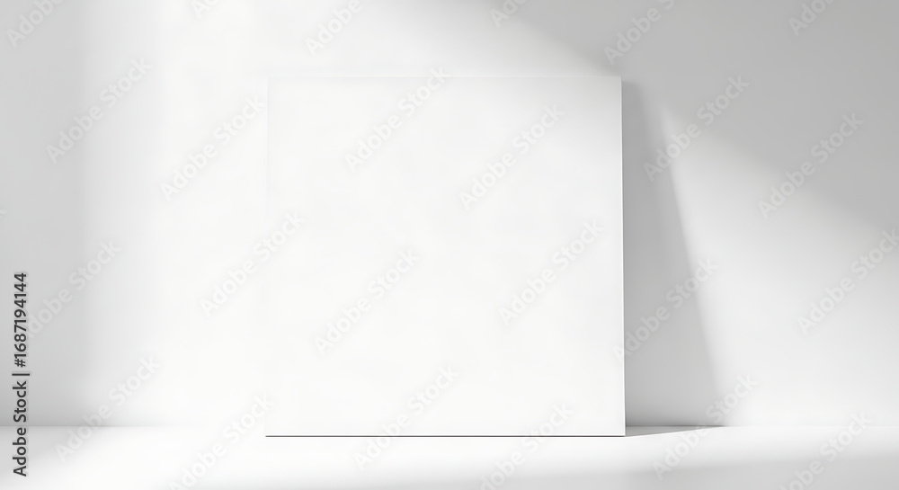 Fototapeta premium Blank White Poster Frame Leaning on a Clean White Wall in a Minimalist Room with Natural Light and Soft Shadows, Creating a Serene and Spacious Backdrop for Design Mockups or Presentations