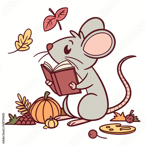 Bashful expression on a Rat in a Thanksgiving theme, with reading a book – Harvest Blessings vector art
