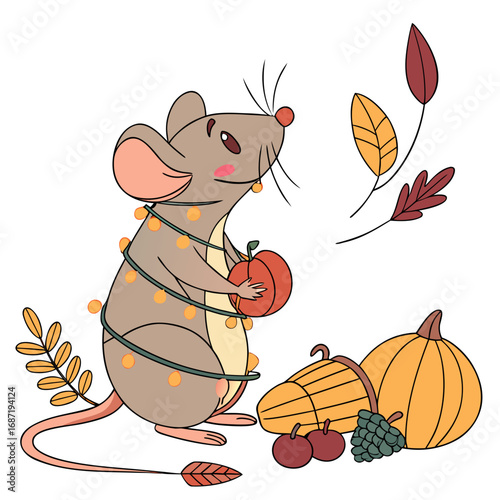 Cute Bashful Rat, accessorized with wrapped in fairy lights, in a Thanksgiving world – Harvest Blessings palette vector
