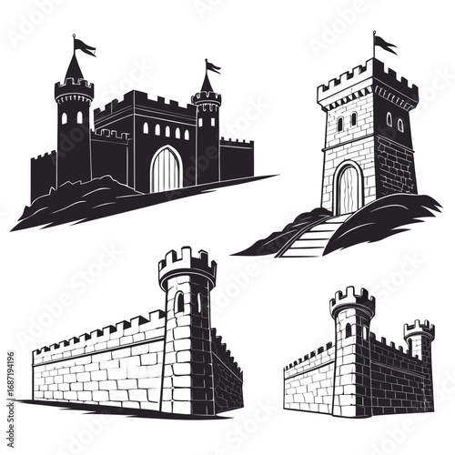 Collection of stylized black and white medieval castle and fortress elements including towers walls and gatehouses ideal for graphic design and historical themes