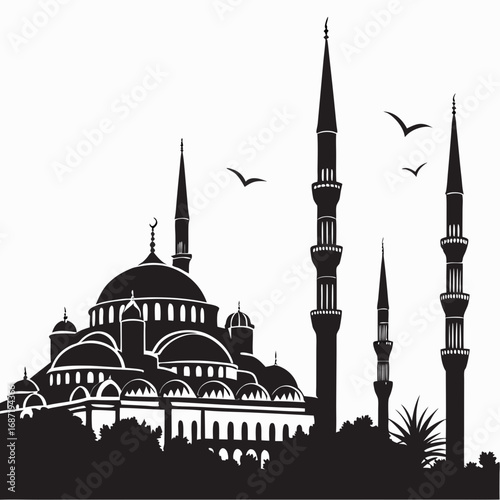Iconic silhouette of a grand mosque with multiple minarets and domes set against a white background with birds flying in the sky above lush green trees and foliage