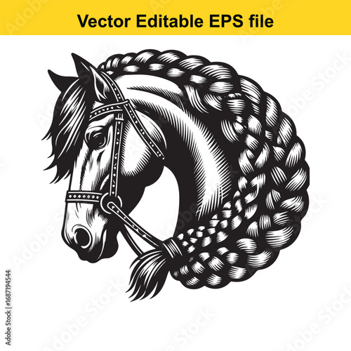 Black and white illustration of a horse head with braided mane isolated on white background