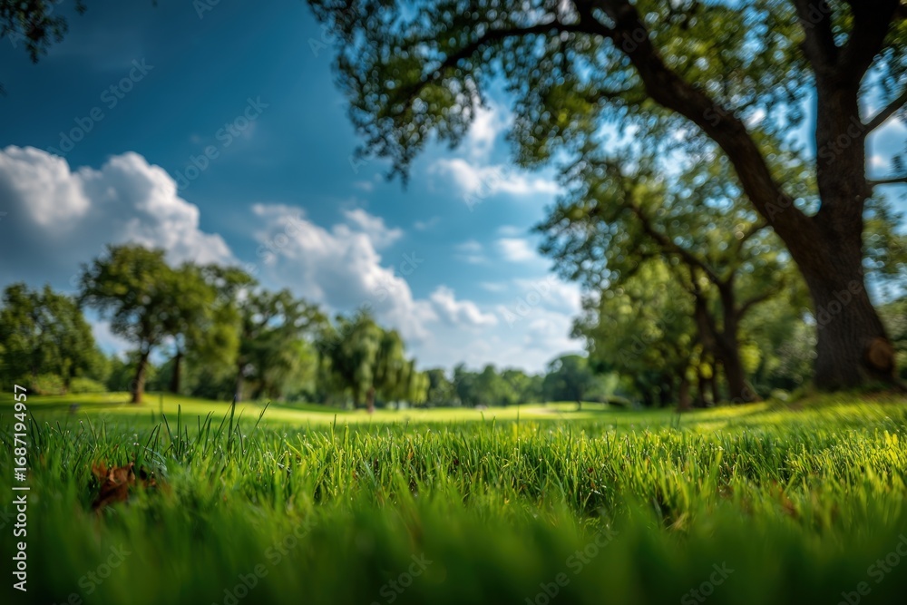 Obraz premium Lush, green grass stretches towards trees under a bright blue sky, with soft clouds. Sunlight illuminates the scene creating depth
