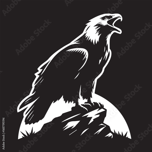 A powerful silhouette bald eagle perched rock calling out vector illustration