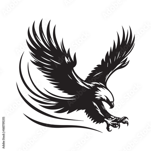 A silhouette bald eagle diving downwards with talons ready catch prey vector illustration