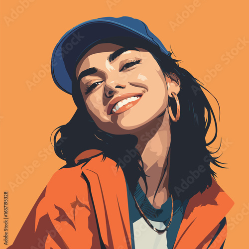 A young woman with dark hair smiles brightly while wearing a baseball cap and an orange jacket on a striking orange background. Her cheerful expression radiates confidence and joy.