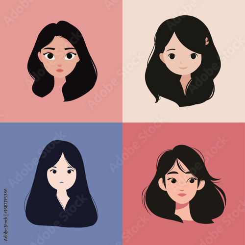 Four young women share distinct expressions in a vibrant grid. Each portrait showcases unique hairstyles and emotions, highlighting individuality while embracing simplicity.
