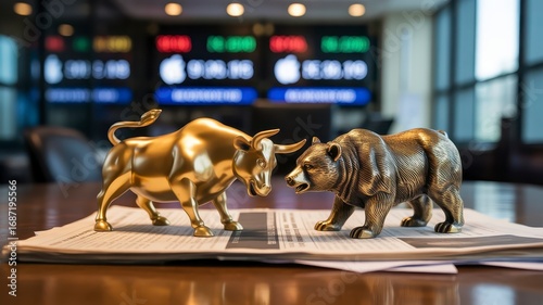 Golden Bull and Bear Statues Face Off on Stocks Paper in Financial District