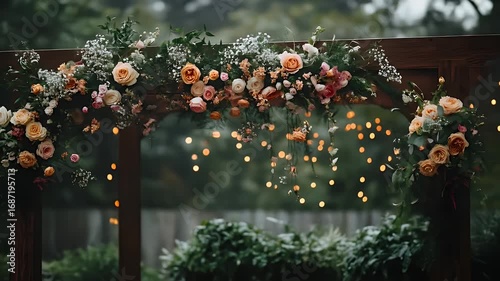 Intimate backyard wedding romantic outdoor ceremony. Beautiful floral arch adorned with roses and greenery, softly lit by fairy lights in a serene outdoor setting