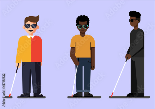 Vector of men with sunglasses and white cane, flat design