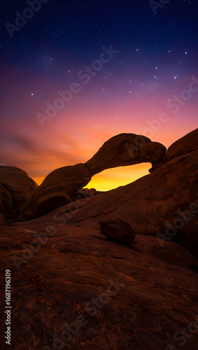 Natural rock arch silhouetted against vibrant sunset sky and stars formation sandstone
