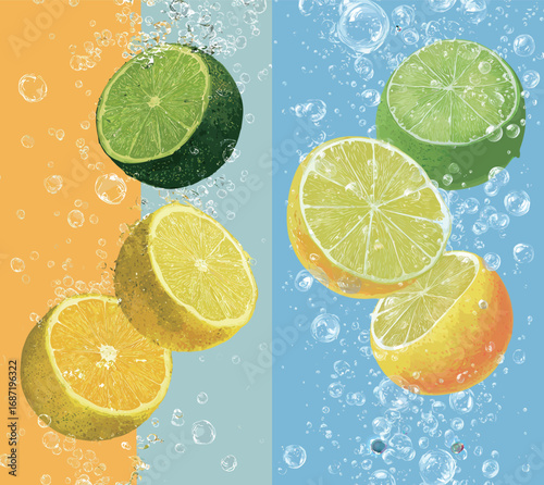 Bright lemons and limes are submerged in sparkling water, creating a refreshing view. The vibrant colors and bubbles add an energetic and cheerful atmosphere to the composition.