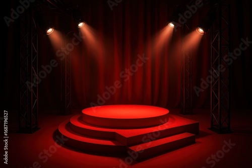 Dynamic crimson stage podium with professional lighting creating dramatic product showcase environment