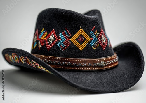 Black cowboy hat with colorful beaded embroidery