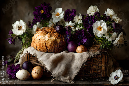 Rustic Floral and Easter Egg Display with Freshly Baked Bread for Spring Decor