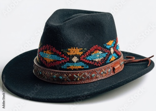 Black cowboy hat with beaded Native American-style design