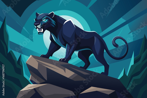 Majestic black panther stalks predatorially across rocky terrain under a stylized moonlit sky