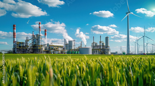Outdoor biodiesel production plant surrounded by green fields, wind turbines in background, blue sky with white clouds, clean energy concept, industrial photography style