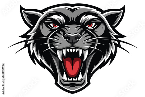 Fierce black panther snarling with sharp teeth and intense red eyes, an emblem of power