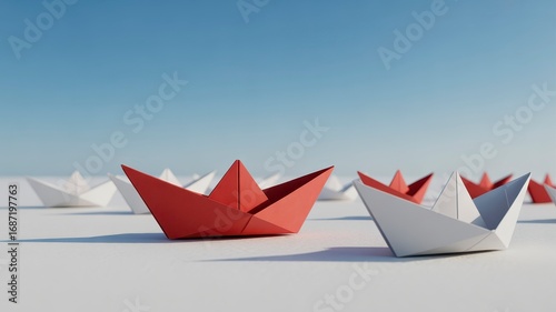Red paper boat leadership concept against white and blue minimalist backdrop