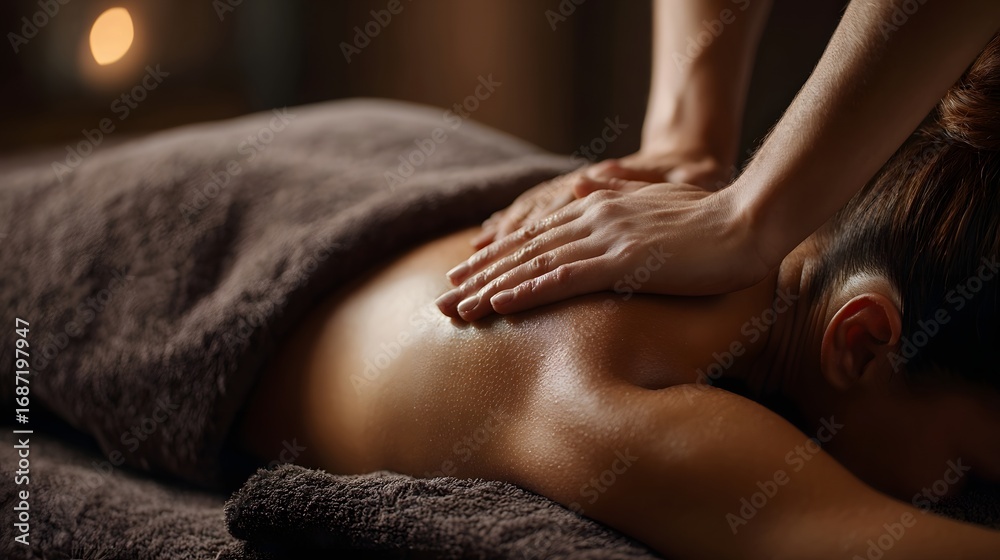 Obraz premium Masseuse hands perform a relaxing back massage with gentle touch on a client in a warm softly lit spa environment