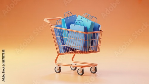 Shopping cart with blue shopping bags on an orange background for online retail commerce