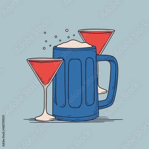 A bright blue beer mug filled with frothy beer sits alongside two elegant cocktail glasses filled with vibrant red beverages. The light blue background enhances the lively atmosphere.
