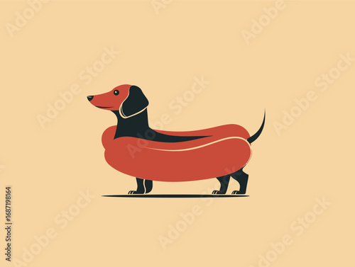 Wallpaper Mural A playful dachshund showcases its unique costume resembling a hot dog. The dog stands on all fours, highlighting its charming features and vibrant colors in a light backdrop. Torontodigital.ca