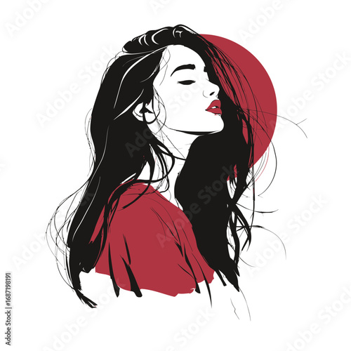 A young woman with long, flowing hair stands gracefully with her profile highlighted. The backdrop features a striking red circle, enhancing the dynamic appearance of her pose.