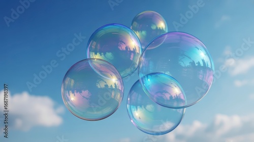Soap bubbles floating against a blue sky with rainbow iridescence close up photography