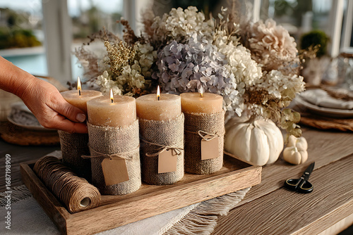 Cozy Autumn Decor with Burlap Candles and Dried Flowers for Thanksgiving Table Setting